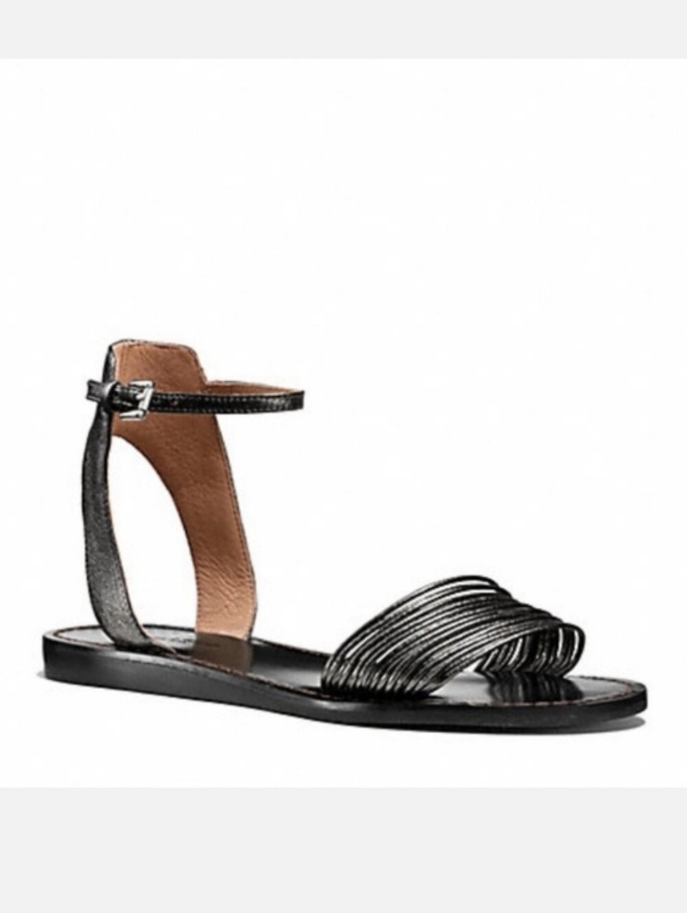 Coach Melynda Strappy Sandals Gunmetal Silver Pewter Black Leather Ankle Flat 10